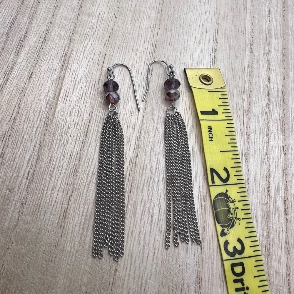 Purple beaded silver chain fringe dangle drop dramatic earrings